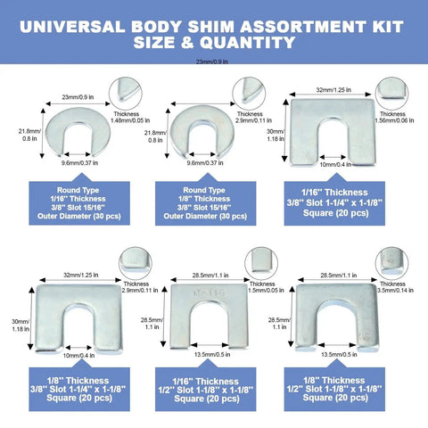 Auto Body Shim Kit With 140 Piece Universal Alignment Shims Set for Car Body Adjustments displayed with size and quantity chart.