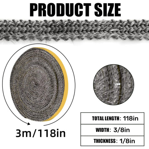 Flat fiberglass stove gasket tape, self-adhesive, 1/8in thick × 3/8in wide, 118in long, with yellow backing