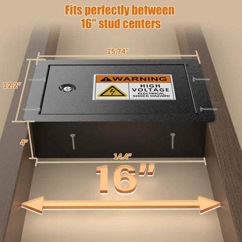 Rock Solid In Wall Steel Safe dimensions for 16 inch studs installation, showing concealed panel and key lock security.