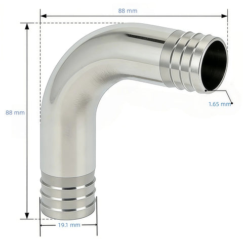 Closmos 304 stainless steel 90-degree elbow hose barb fitting, 3/4 in x 3/4 in, with 2 hose clamps