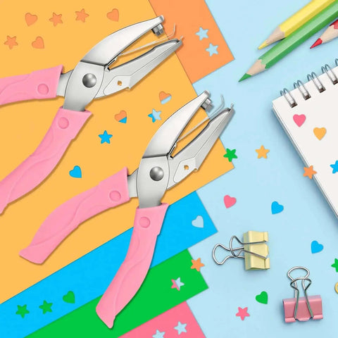 2 Pack Handheld Hole Punch Set With Heart And Star Shape Punches, Stainless Steel Construction, on colorful craft paper