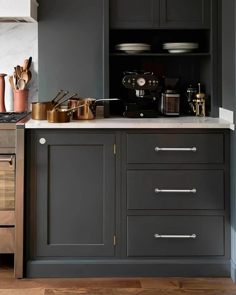 Dark kitchen cabinetry with 10 Pack 5 Inch Hole Center Cabinet Handles In Brushed Satin Nickel And Polished Nickel Finishes installed.