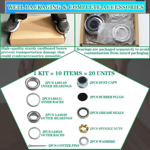 Heavy Duty Boat Trailer Bearing Kit Set For 3500 Lb Axles One And Three Eighths To One And One Sixteenth Inch EZ Lube Spindle Includes OZISENS Bearing Kit Races Seals Dust Caps Cotter Pins Axle Nuts Washers packaging