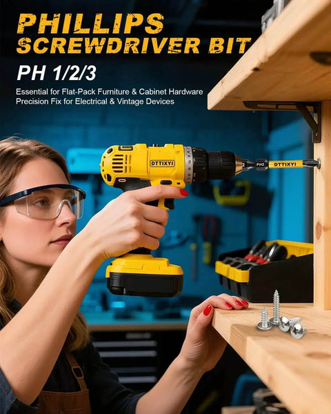 Woman using a Magnetic Screwdriver Bits Set For Impact Driver And Power Drill, 10-Piece S2 Tool Steel With 1 Quarter Inch Hex Shank in workshop