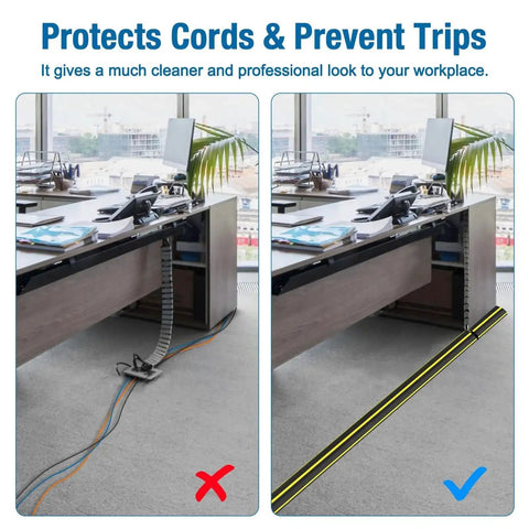 Before and after using 10 Foot Floor Cable Cover Protector Pro Grade Heavy Duty PVC Duct to prevent trips in office