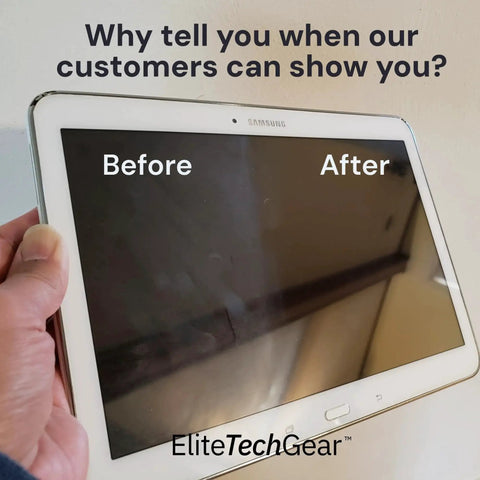 Tablet screen showing before and after cleaning, used with Microfiber Cleaning Cloth 12x12 4 Pack Blue for Screens and Glasses.