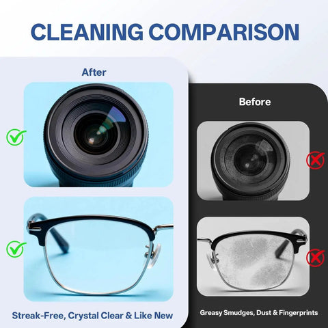 Cleaning comparison showing camera lens and glasses before and after using Pre-Moistened Lens Wipes For Glasses Cameras And Screens Scratch-Free.