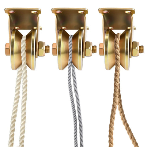 Close-up of three heavy-duty steel pulleys with ropes, showcasing smooth rolling galvanized design ideal for rolling gates and tracks