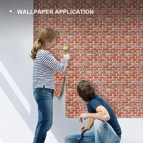 People applying wallpaper using Bearings Equipped Seam Roller For Automotive Car Audio Sound Deadening And Heat Abatement Mat Wallpaper Application PU Roller With Wooden Handle And Steel Bracket For Smooth Even Pressure
