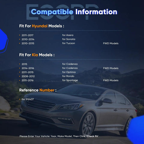 Compatability information for Rear Five-Lug Wheel Bearing And Hub Assembly With ABS Compatible With Hyundai Azera Sonata Tucson and Kia Cadenza Optima.