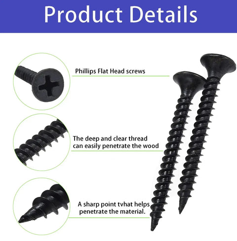 DIY Wood Screws Assortment Kit With 480 Pieces M3 And M4 Black Self Tapping Fasteners for cabinet hinges highlighting screw details