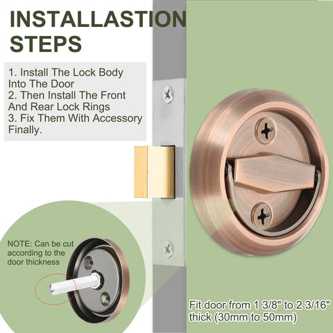 Installation guide for round recessed door pull handle, showing step-by-step fitting into the door for 30 to 50 mm thickness.