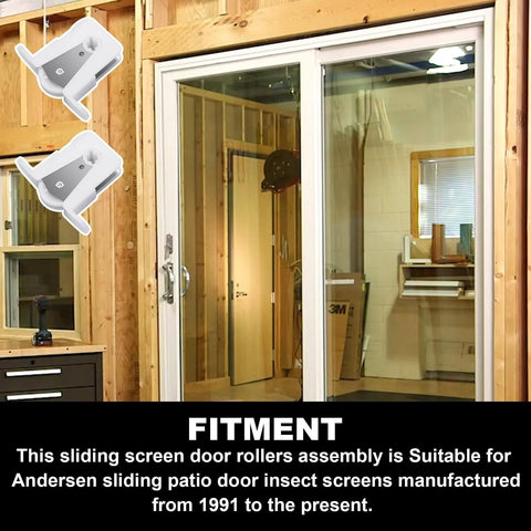Sliding Screen Door Roller Set 2 Pack Replacement Wheels For Part 1274104 Before 1991 Windows Gliding Patio Doors Fits 200 Series Perma Shield Gliding Screens And Early Frenchwood Gliding Or Hinged Doors Nylon 1 Inch Adjustable Rail Assembly shown near a patio door