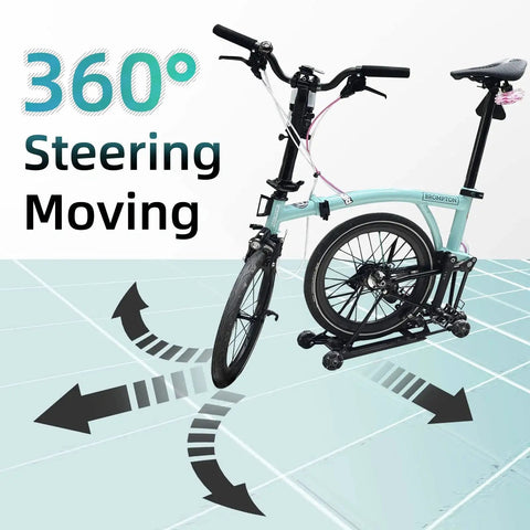 Omni Direction Roller Wheel Replacement Set For Brompton Folding Bikes And Electric Bicycles With 58mm Wheels shown on bike
