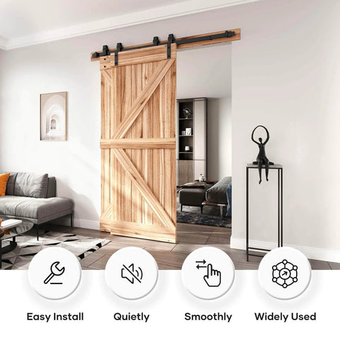 Effortless 5 Ft Bypass Double Sliding Barn Door Hardware Kit with Single Track and Black Powder Coat in living room.