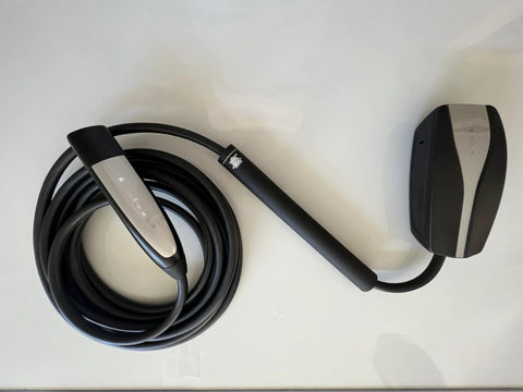 Tesla EV charging cable with Cable Shield protector, black cord and silver-gray shield unit