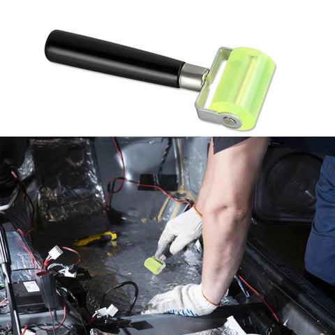 Automotive sound deadening roller tool with neon green PU wheel and black handle for car insulation work