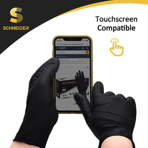 Person wearing Nitrile Exam Gloves Latex Free Powder Free Disposable For Medical Use using a smartphone touchscreen