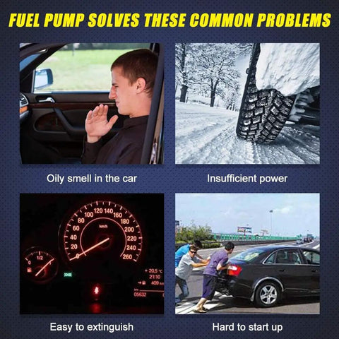 Image showing issues a fuel pump can solve: oily smell in car, insufficient power, easy to extinguish dashboard, hard to start up car.