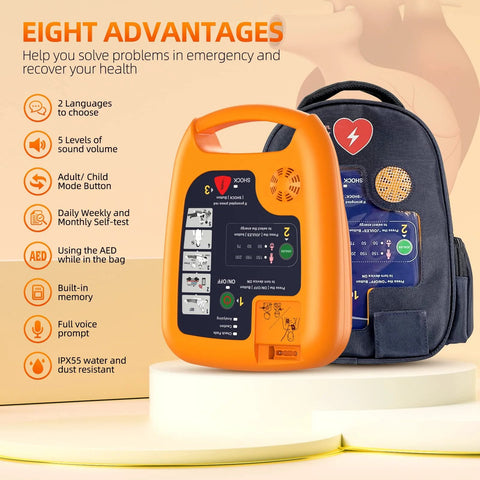 Portable AED Defibrillator with carrying case, designed for home, gym, subway, and workplace use. Highlights features and advantages.