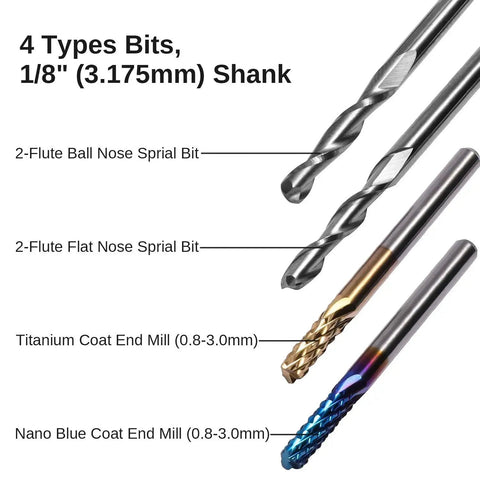 40 Piece CNC Router Bit Set With One Eighth Inch Shank Including Two Flute Flat Nose And Ball Nose Bits Nano Blue And Titanium Coatings