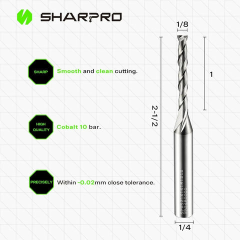 Pro Grade High Precision Spiral Upcut Router Bit With One Quarter Inch Shank For Woodworking And Plastic, shown with dimensions and features