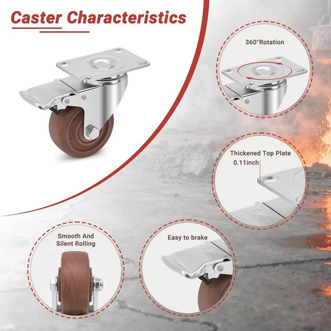 Image of 3 Inch Heavy Duty Casters Wheels Set Of Four With Brakes 1400 Pounds Capacity Glass Filled Nylon Heat Resistant To 475 Fahrenheit.
