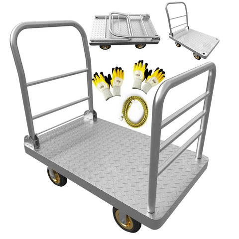 2IN1 48x24 Platform Truck Cart 2650lbs Heavy Duty Flatbed Dolly With Detachable Rear Guardrail Swivel Casters shown with gloves and bungee cord