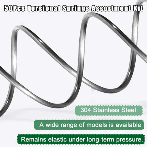 50-piece torsion springs assortment kit, 304 stainless steel, close-up of coiled metal torsion springs