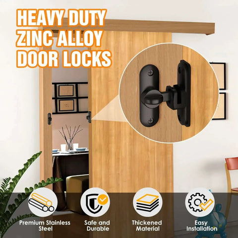 Image showing a black Compact 90 180 Degree Sliding Door Latch installed on a wooden door, highlighting its heavy duty zinc alloy construction.