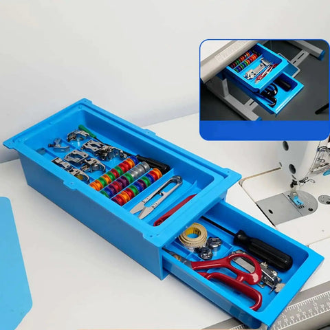Heavy Duty Sewing Machine Sliding Drawer Organizer Double Storage Container For Bobbins Presser Feet Tools And Spare Parts Multiuse Case For Sewing Tables And Craft Setups Easy Access And Quick Swaps with visible tools and compartments