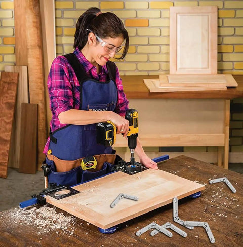 Woman using drill with 10 Pack 90 Degree Hinges For Wooden Boxes Jewelry Boxes Chest And Gift Boxes Silver Finish With Screws Rddconkit Durable Zinc Alloy Cabinet Hardware For DIY Crafts And Jewelry Box Projects