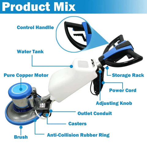 Pro Grade Heavy Duty 17 Inch Floor Polisher And Buffer Machine With 3 Gallon Tank 3 Brush Heads 175 RPM labeled parts diagram