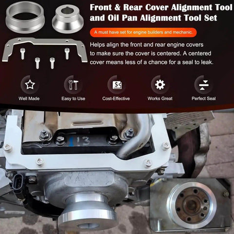 Front And Rear Cover Billet Alignment Tool And Oil Pan Alignment Tool Kit For LS Series Engines displayed with engine components.
