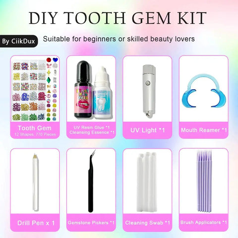 Diy Tooth Jewelry Kit With 770 Crystals And 12 Shapes Bedazzle Gems Teeth Jewelry Starter Set displayed with tools and instructions.
