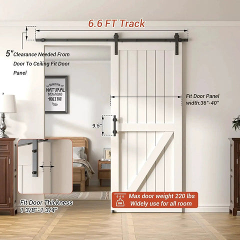 Heavy Duty Sliding Barn Door Hardware Kit With Floor Guide And Pull Handle Set And 5ft Track Kit For 36 To 40 Inch Wide Single Door installed in a room