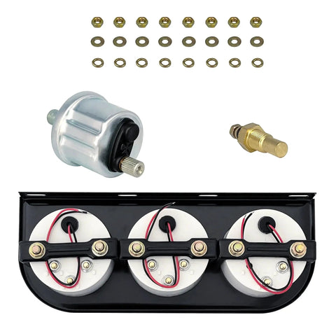 Back view of Three In One Auto Gauge Meter Kit 52mm for 12V systems, showing connections and components for cars, trucks, tractors, and marine engines.
