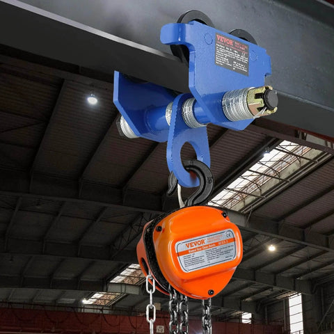 Manual Trolley for I Beams 2 Ton Load Capacity 4400 Lbs Dual Wheels Adjustable 2.5 to 7 Inches Flange Width installed on beam
