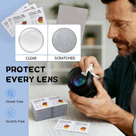 Man using Pre Moistened Lens Wipes For Eyeglasses AR Coated Lenses Screens Streak Free on camera lens