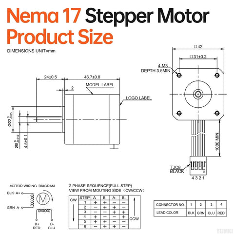 High Torque Nema 17 Stepper Motor 2 Phase 1.8 Deg Bipolar 0.6Nm Holding Torque 1.6 Ohm 2.3A 4 Wire dimensions diagram
