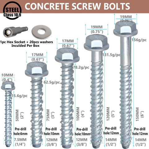 20 Pack Three Eighths Inch Heavy Duty Concrete Screws With Hex Heads For Masonry Anchoring To Brick Or Block Zinc Plated Anchors Include Washers And Hex Socket Tough Built For Real World Use Easy Install, various sizes shown.