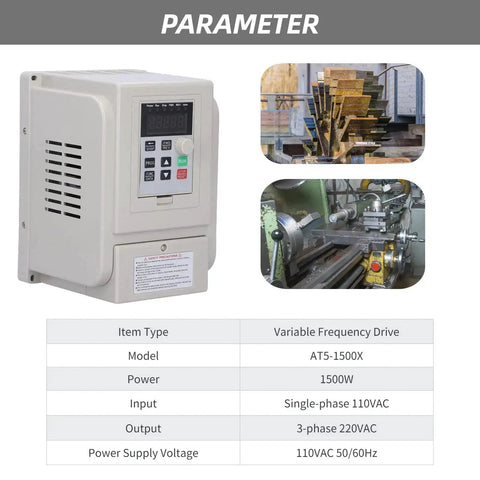 110V VFD Inverter 1500W for motors from single phase to three phase speed control shown with parameter details