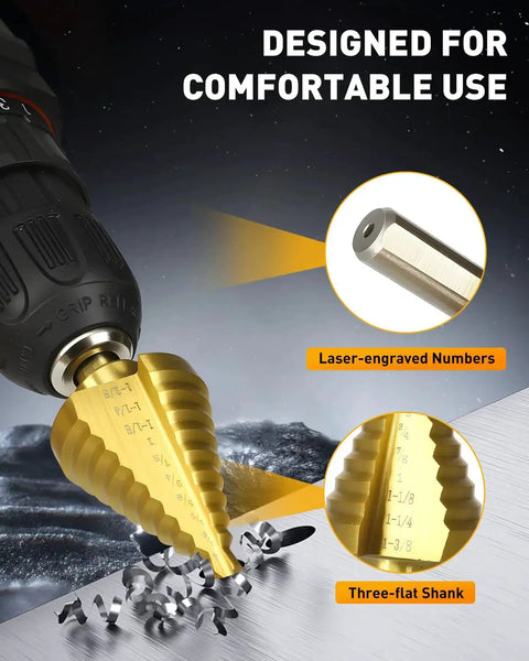 Titanium Coated Step Drill Bit For Metal With Double Cutting Blades And HSS Construction being used in a drill