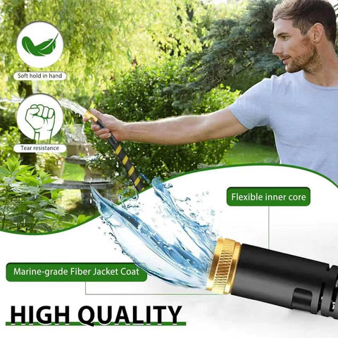 Amazon non-expanding garden hose with yellow brass connectors and jet nozzle for home use