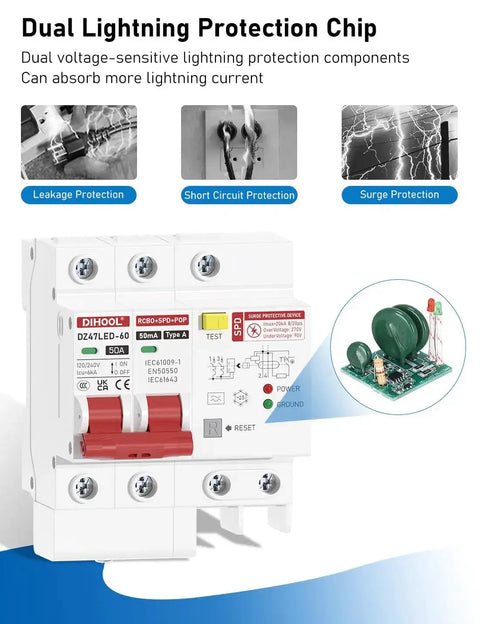 50 Amp GFCI Breaker For Hot Tub Disconnect 240V With Panel Surge Protector And LED Status Light Plus Built In Test Button And Six Protection Functions Including Ground Fault, Overcurrent, Short Circuit, Overvoltage, Surge, And Circuit Isolation with dual lightning protection chip.