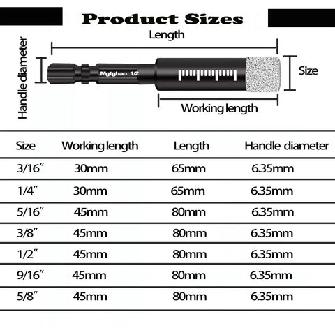 Diagram showing sizes for Six Piece Three Eighths Inch Dry Diamond Drill Bits Set With Ten Millimeter Hex Shank For Porcelain Tile Ceramic Concrete