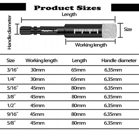 Product size chart for Dry Diamond Drill Bits Set Mgtgbao 10 Piece With Hex Shank Core Bits 3 16th Inch 5 Mm And 1 4th Inch 6 Mm
