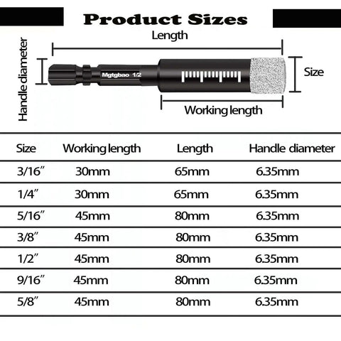 Six Piece Five Eighths Inch Dry Diamond Drill Bit Set With 16mm Hex Shank measuring guide showing dimensions of various sizes