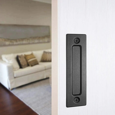 Matte Black Sliding Barn Door Handle Eight Point Six Inch Flush Pull Heavy Duty installed on white door