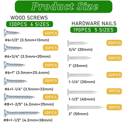 Infographic showing sizes and quantities of 320 Piece Premium Hardware Nails And High Hardness Wood Screws Kit For DIY Projects